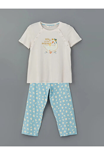 LC Waikiki LCW DREAM Mavi Bisiklet Yaka Baskılı Hamile Kaprili Pijama Takımı