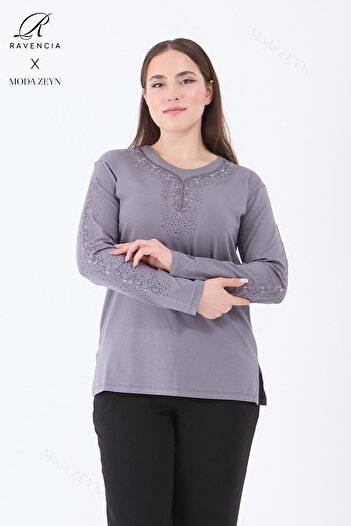 Ravencia Women's Middle Age and Above Viscose Stripe Flower Pattern Stone Embroidered Lycra Gray Mother Combed Cotton Blouse