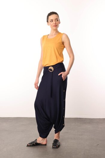 Desen Triko Women's Side Buttoned Combed Cotton Shalwar Trousers Navy Blue