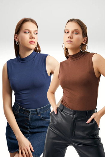 Bipantolon Women's Bitter Brown Navy Blue 2-Piece Sleeveless Body