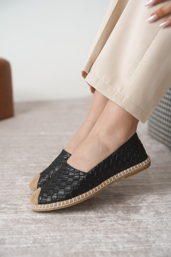 BAKGİY Black Snake Patterned Women's Straw Toe Daily Ballerinas Bg1010-111-0001