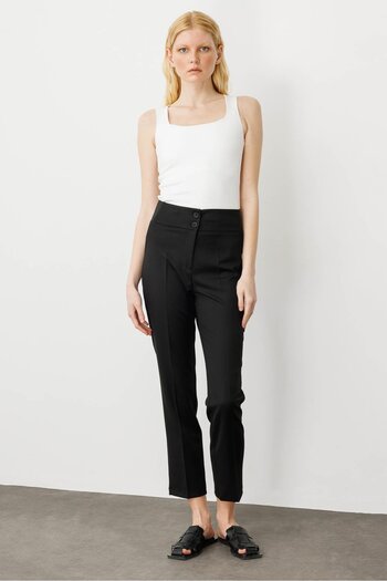 Desen Triko Women's Belt Side Elastic Ankle Length Summer Fabric Trousers Black