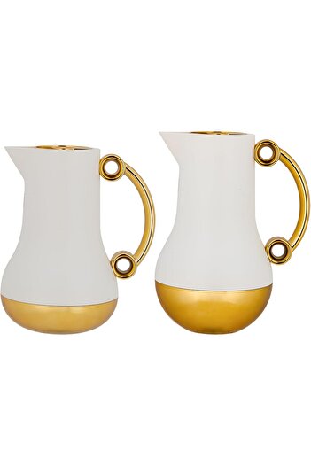 ALSAIF Coffee And Tea Vaccum Flask Set In Ivory/gold / Leak-proof And Keeps Drinks Hot 1.0/0.7 Liter