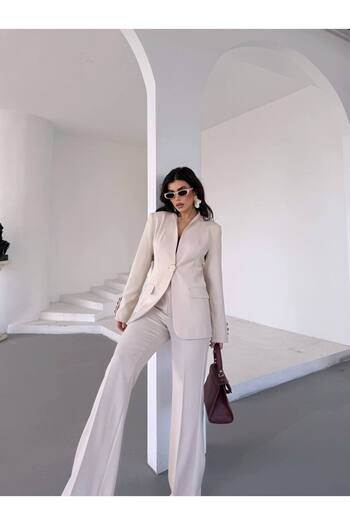 Bella Breeze Kadın Gold Kurabiye Düğmeli Blazer Ceket Palazzo Pantolon Takım Elbise