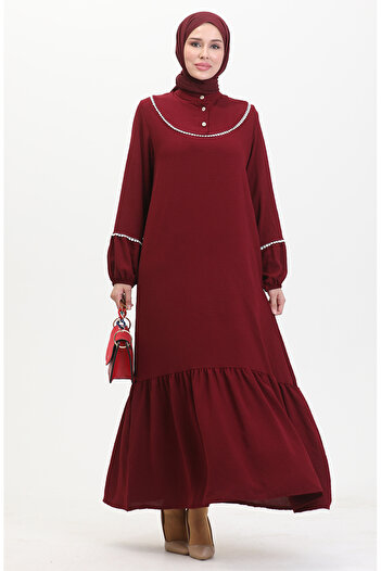 sefamerve Burgundy Embroidered Elastic Sleeve Dress - 0470-03