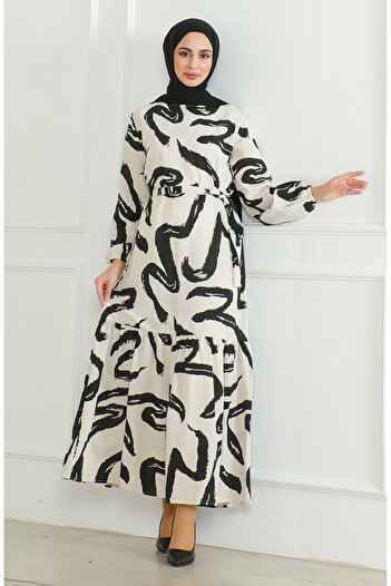 sefamerve Linen Dress - Patterned and Belted, Beige Black 0471A-06