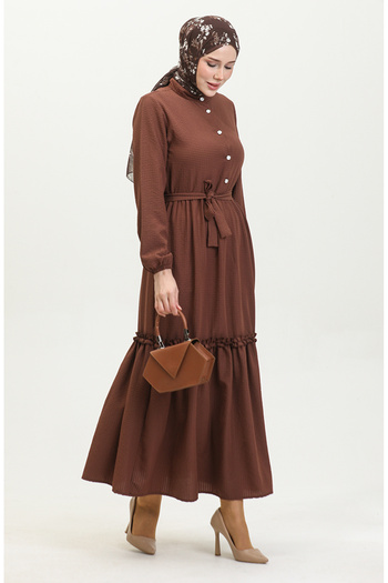 sefamerve Brown Belted and Ruffled Dress - Half Button 0404-02
