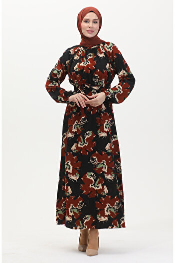 sefamerve Brick Colored Raglan Sleeve Belted Dress - 0476-01