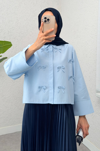 Salih Çelebi Bow Detailed Midi Shirt 2549 - Baby Blue