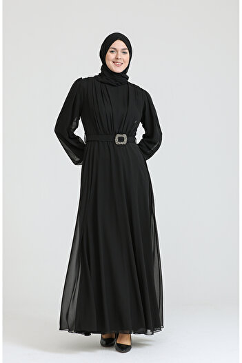 sefamerve Black Chiffon Evening Dress - Belted, Model 5505-01