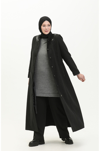 sefamerve Black Stamped Coat - Plus Size, Neck Button 0417-01