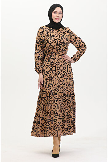 sefamerve Viscose Belted Patterned Dress - 0469-05 Milk Brown