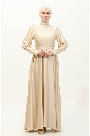 sefamerve Light Beige Satin Evening Dress with Cups, Model 6080-10