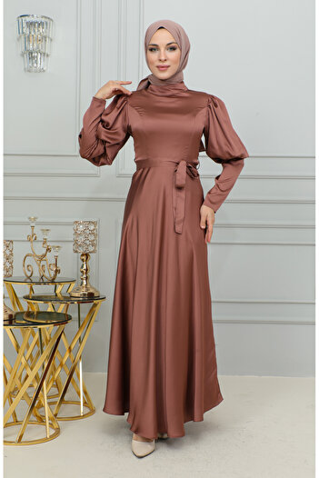 sefamerve Brown Sleeve Detailed Cup Evening Dress - 6084-02
