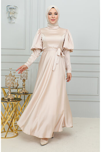 sefamerve Powder Colored Sleeve Detailed Cup Evening Dress - 6084-04