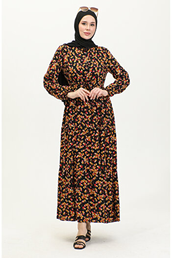sefamerve Φόρεμα βισκόζης μαύρο μουστάρδα - Floral print, Μοντέλο 0426-01