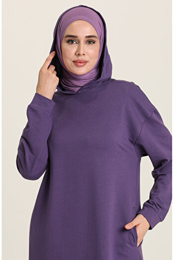 sefamerve Kapüşonlu Spor Tunik 3007-15 Mor
