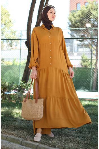 sefamerve Tan 0463-06 Model Dress with Buttons and Elastic Sleeves