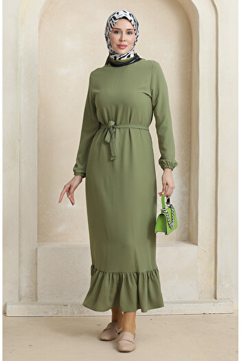 sefamerve Pistachio Green Elastic Sleeve Belt Dress - 1015-01