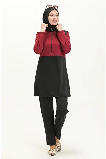 sefamerve Claret Red Black Zippered Hijab Swimsuit - 2317-03
