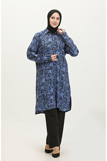 sefamerve Indigo Patterned Large Size Shirt Tunic - 2022F-03