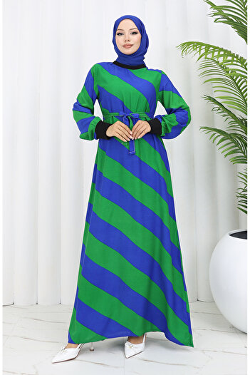 sefamerve Saks Green Viscose Dress - Geometric Pattern and Belted 0460-02