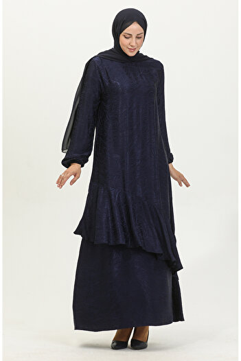 sefamerve Navy Blue Flounce Detailed Jacquard Dress - 81866-04
