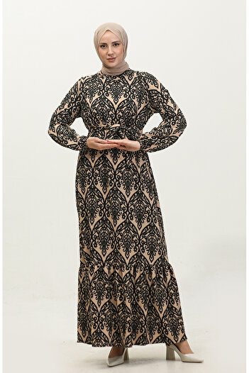 sefamerve Viscose Melike Patterned Dress - Milk Brown Black 0348-03