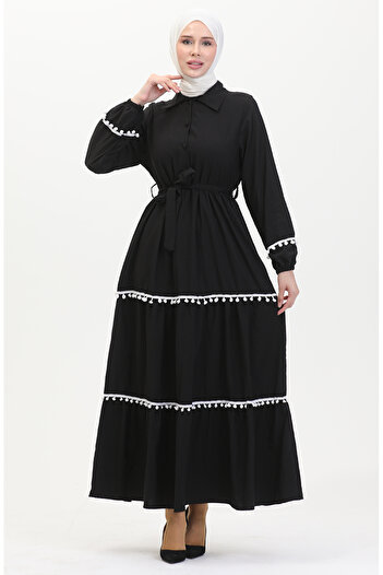 sefamerve Belted Pom Pom Dress - 0482-03 Black