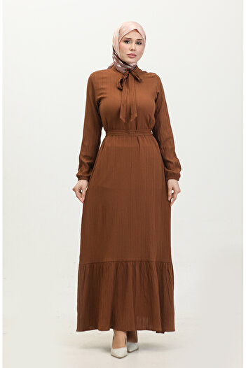 sefamerve Tan Tie Collar and Gathered Skirt Dress 0357-02