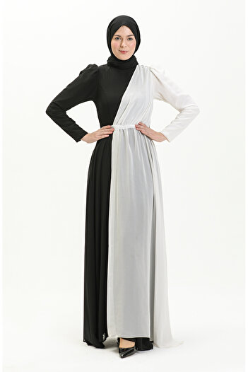 sefamerve Black and White Chiffon Evening Dress - Color Garnished, Model 5606-01