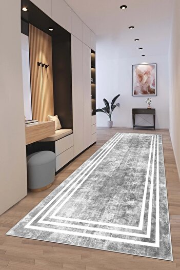 df home 8052 Model Non-Slip Based and Washable Digital Printed Cutting Mat - Hallway Entrance Carpet