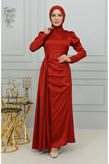sefamerve Satin Evening Dress 6154-04 - Pleat Detailed, Dark Tile