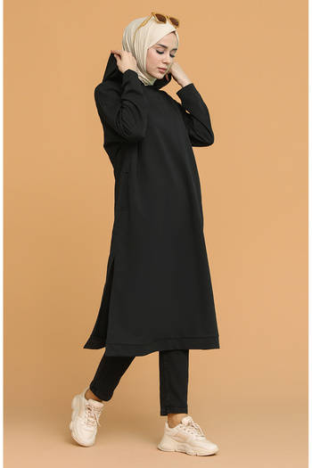 sefamerve Women's Black Hooded Sports Tunic