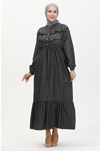 sefamerve Smoke Colored Front Ruffle Denim Dress - 0486-01