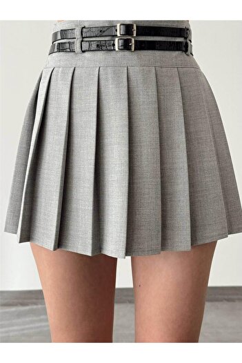 Coral Double Thin Belted Pleated Skirt Light Gray