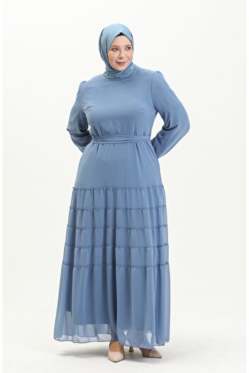sefamerve 5712-02 Indigo Gathered Evening Dress