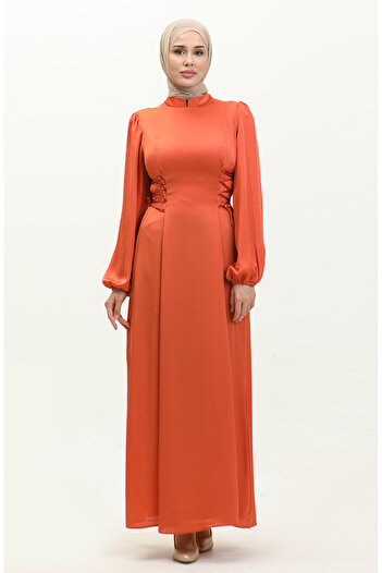 sefamerve Brick Color Side Tie Evening Dress - 6156-01