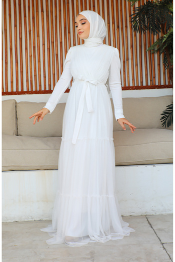 sefamerve Ecru Pleated Tulle Evening Dress 5562-10
