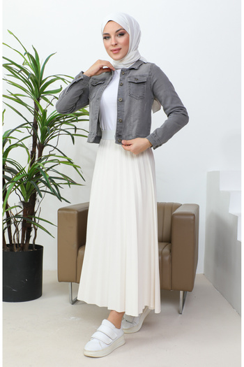 sefamerve Light Gray Buttoned Bolero Denim Jacket - 37001-05