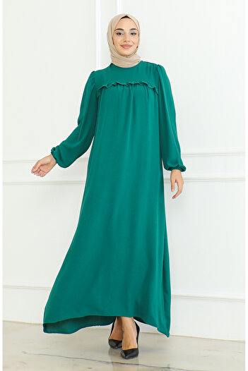 sefamerve Green Aerobin Fabric - Elastic Sleeve Dress 0465-06