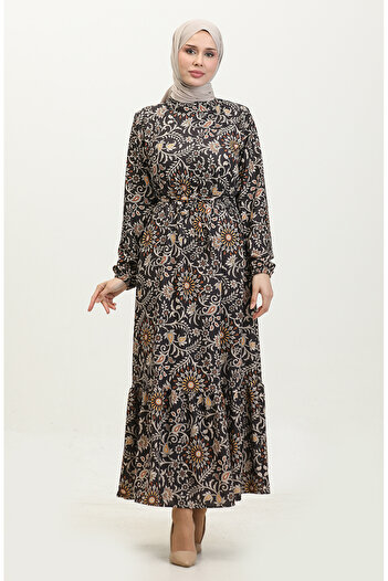 sefamerve Black Patterned and Belted Dress - 0364-04