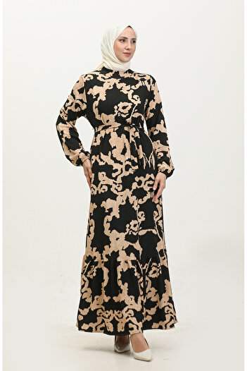 sefamerve Black Beige Yezra Patterned Belted Dress - 0345-05