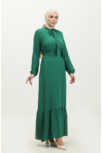 sefamerve Emerald Green Sare Dress with Tie Collar and Gathered Skirt - 0357-06