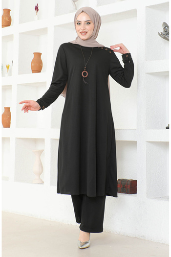 sefamerve Black Necklace Tunic and Trousers Set - 0580-01