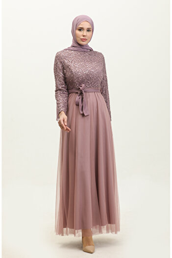 sefamerve Lilac Purple Lace and Belted Evening Dress - 5353A-21