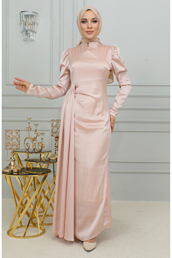 sefamerve Powder Satin Evening Dress - Pleat Detailed, Model 6154-01