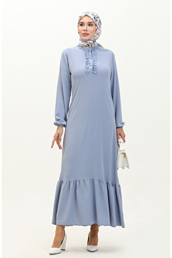 sefamerve Ice Blue Aerobin Fabric Ruffle Dress - 1006-06