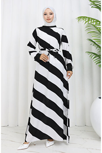 sefamerve Viscose Geometric Patterned Belted Dress - Black and White 0460-03