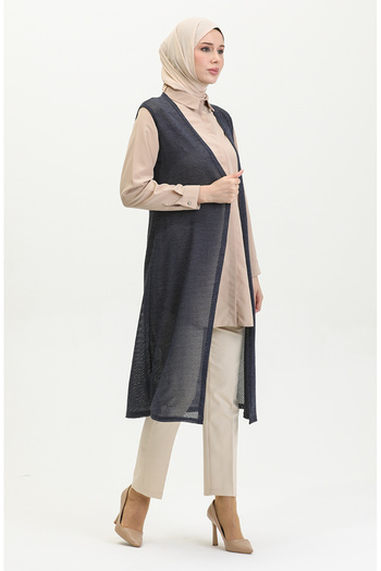 sefamerve Navy Blue Light Glitter Plain Flowing Long Vest - 8720-02